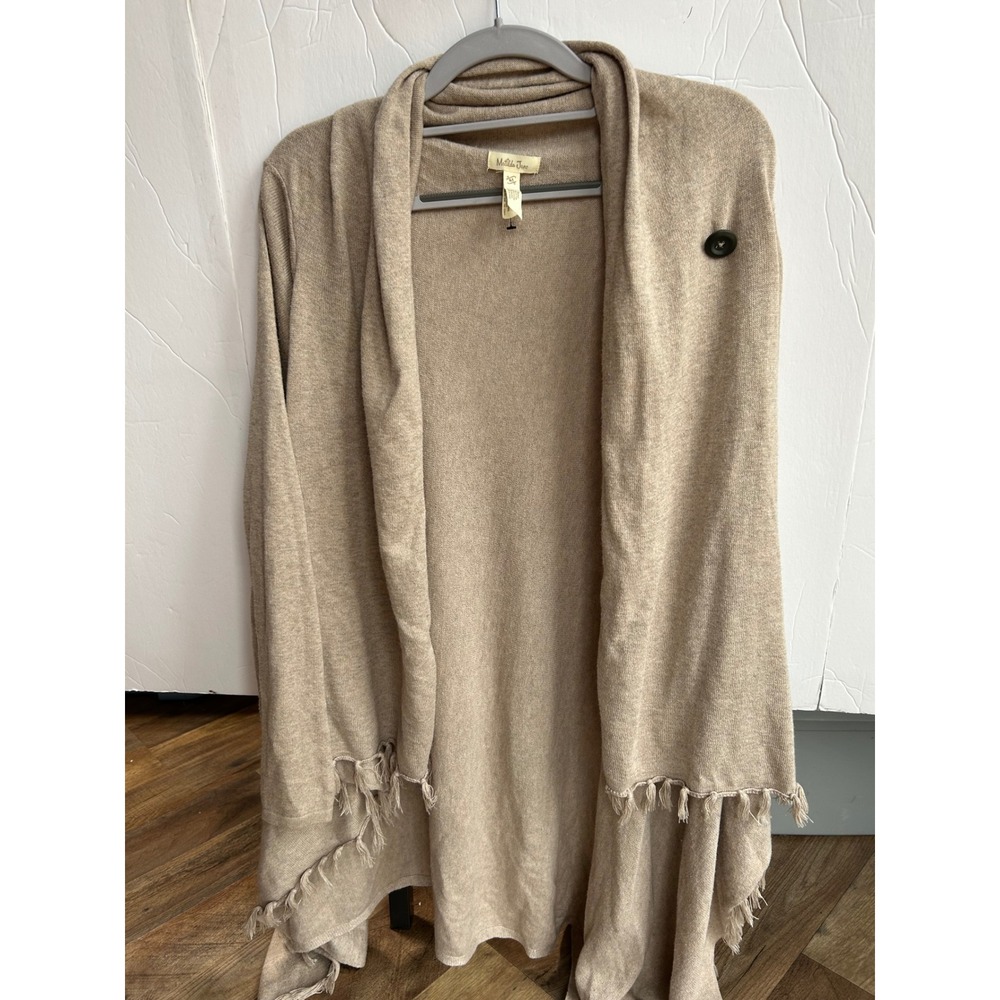Matilda Jane Tan Fringe Wrap Cardigan Sweater Size M Boho‎ Oatmeal Draped Knit